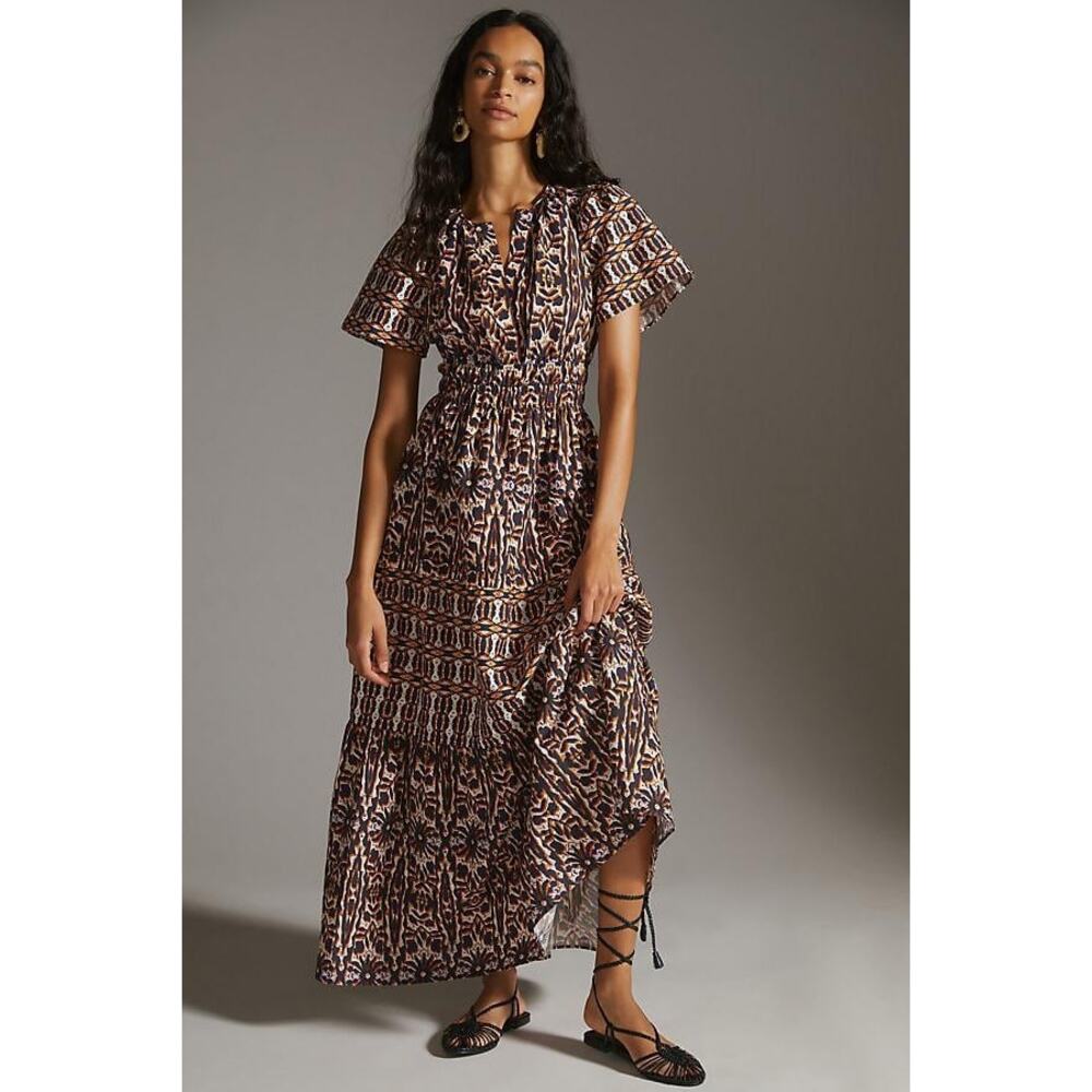 Anthropologie Maeve Somerset Maxi Dress Printed Short Sleeve Brown XS